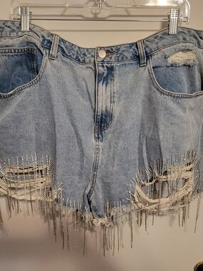 Fashion Nova Light Blue Distressed Rhinestone Denim Shorts